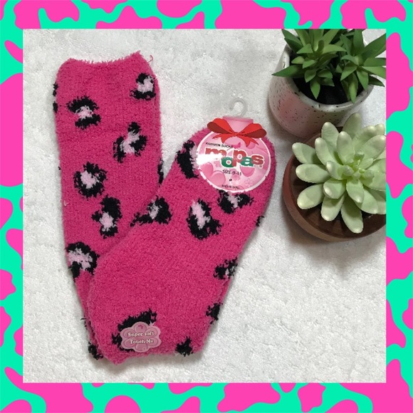 funposhiestyle Accessories - PINK Fuzzy Furry Plush Cozy Soft Leopard Print Long Socks